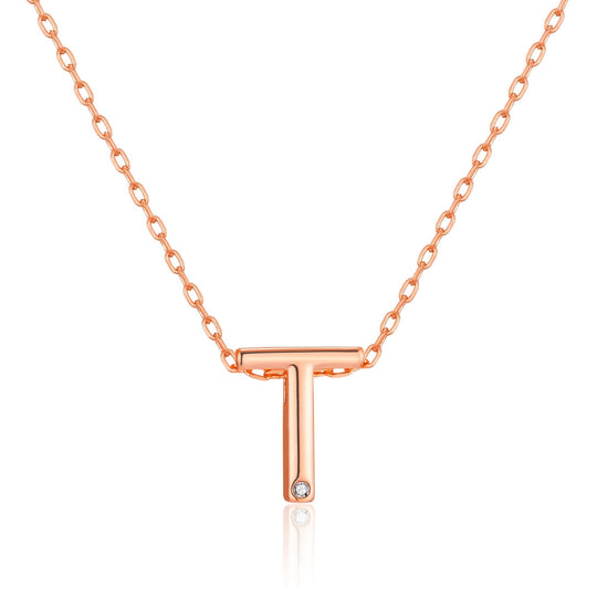 Rose Gold Plated Initial Necklace Letter T Created with Zircondia® Crystals - Philip Jones Jewellery