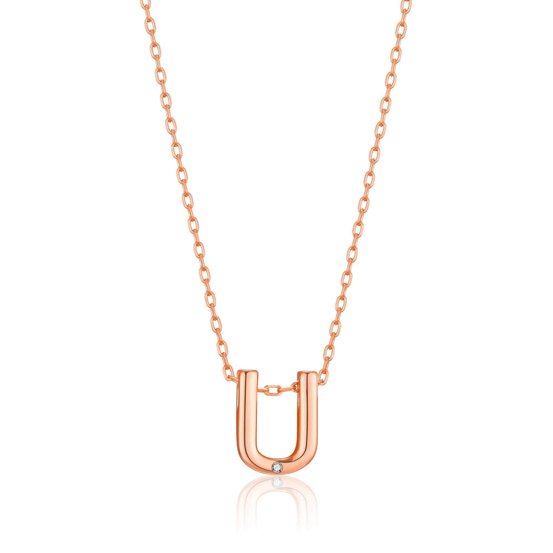 Rose Gold Plated Initial Necklace Letter U Created with Zircondia® Crystals - Philip Jones Jewellery