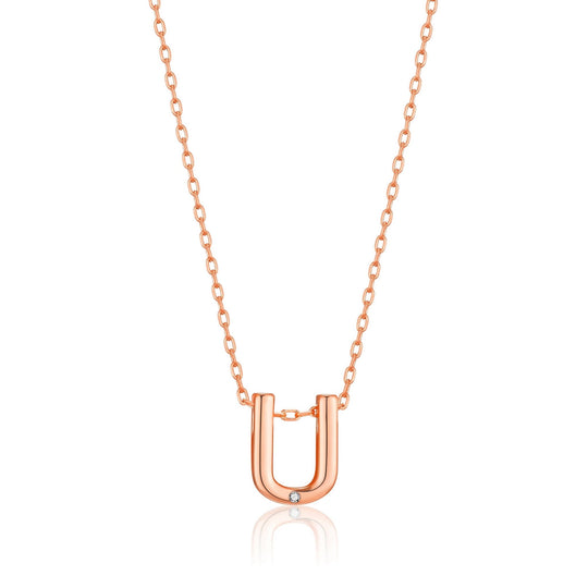 Rose Gold Plated Initial Necklace Letter U Created with Zircondia® Crystals - Philip Jones Jewellery