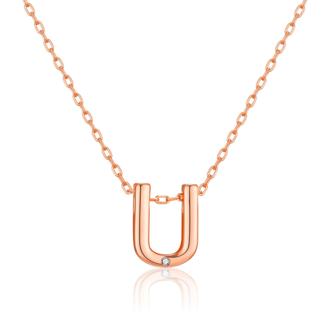 Rose Gold Plated Initial Necklace Letter U Created with Zircondia® Crystals - Philip Jones Jewellery