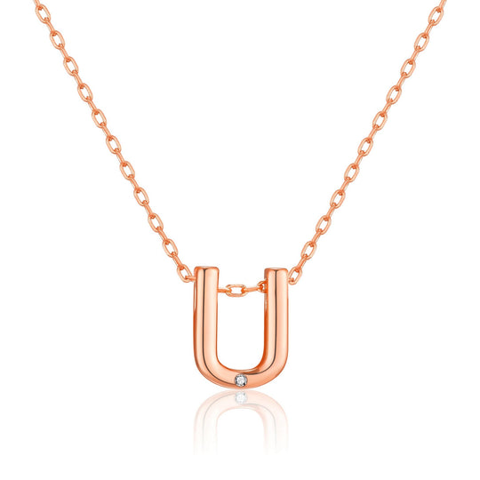 Rose Gold Plated Initial Necklace Letter U Created with Zircondia® Crystals - Philip Jones Jewellery