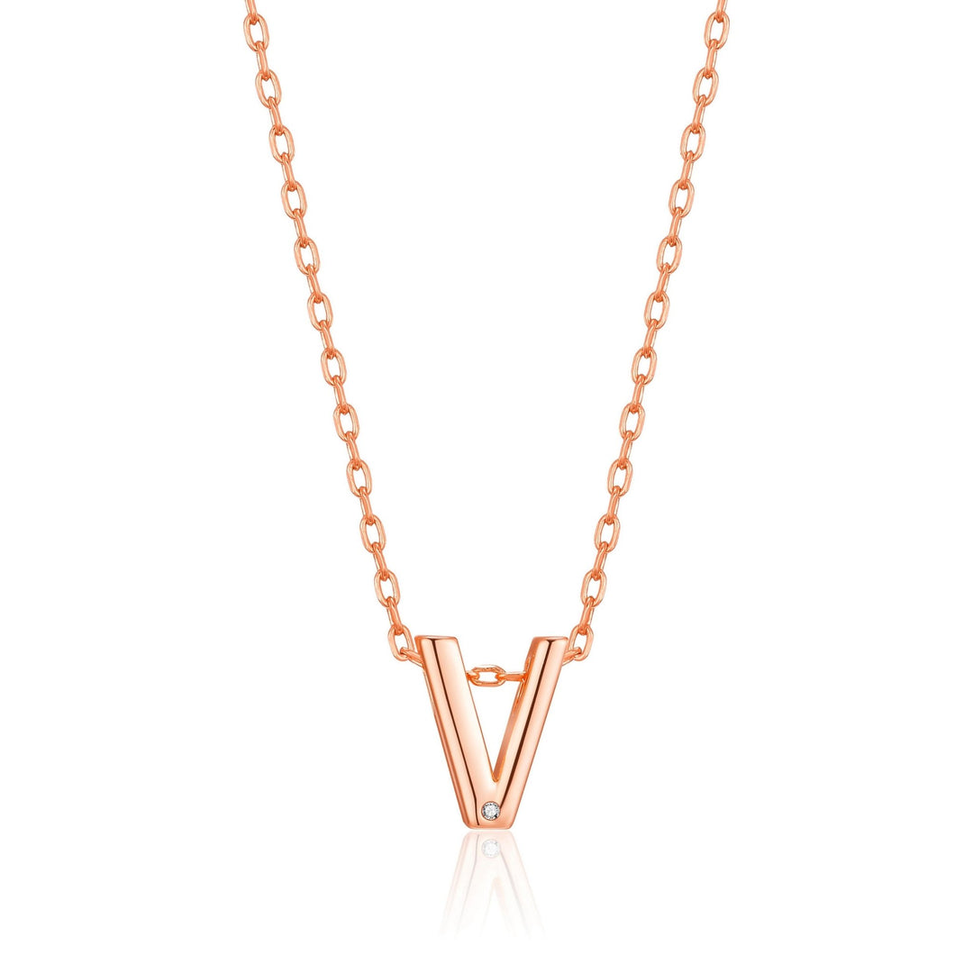 Rose Gold Plated Initial Necklace Letter V Created with Zircondia® Crystals - Philip Jones Jewellery