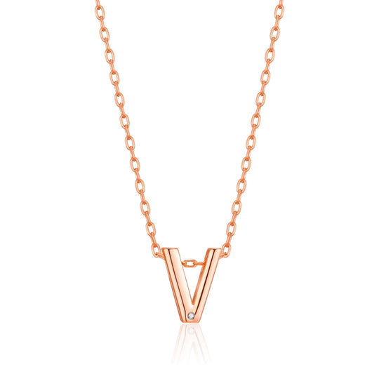 Rose Gold Plated Initial Necklace Letter V Created with Zircondia® Crystals - Philip Jones Jewellery