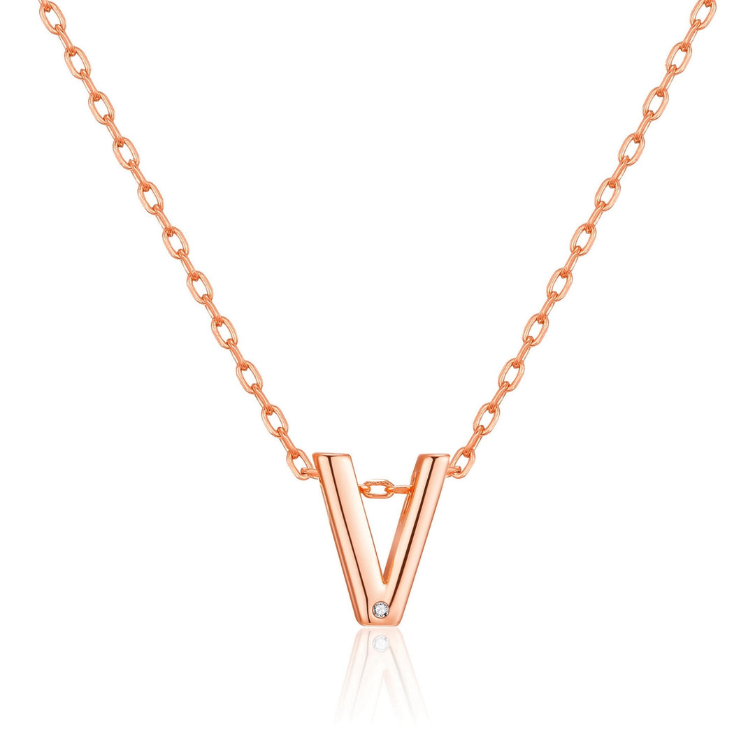 Rose Gold Plated Initial Necklace Letter V Created with Zircondia® Crystals - Philip Jones Jewellery