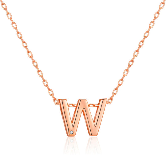 Rose Gold Plated Initial Necklace Letter W Created with Zircondia® Crystals - Philip Jones Jewellery