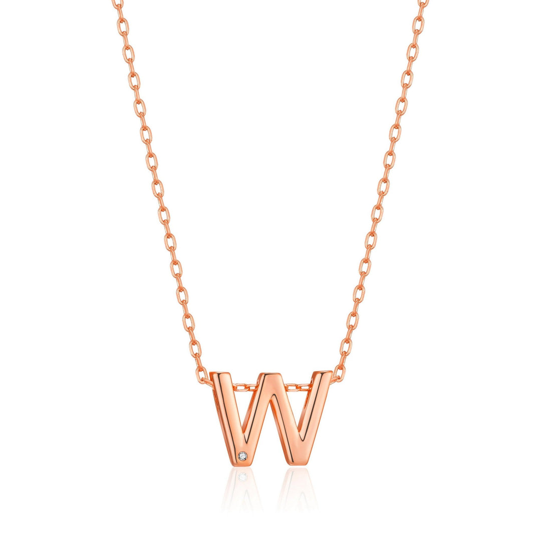 Rose Gold Plated Initial Necklace Letter W Created with Zircondia® Crystals - Philip Jones Jewellery