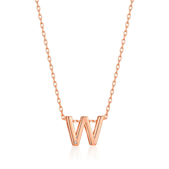 Rose Gold Plated Initial Necklace Letter W Created with Zircondia® Crystals - Philip Jones Jewellery