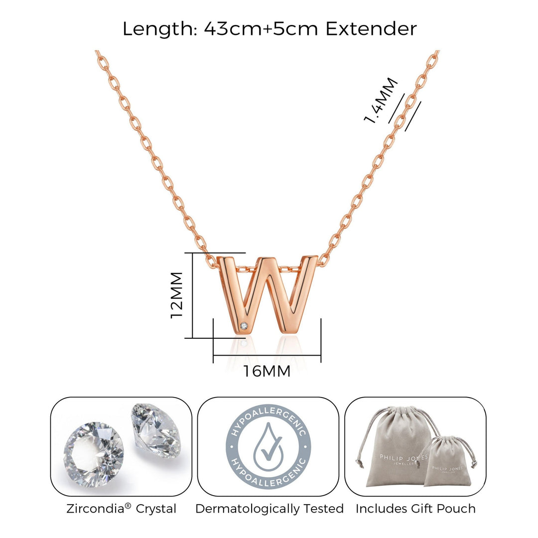 Rose Gold Plated Initial Necklace Letter W Created with Zircondia® Crystals - Philip Jones Jewellery