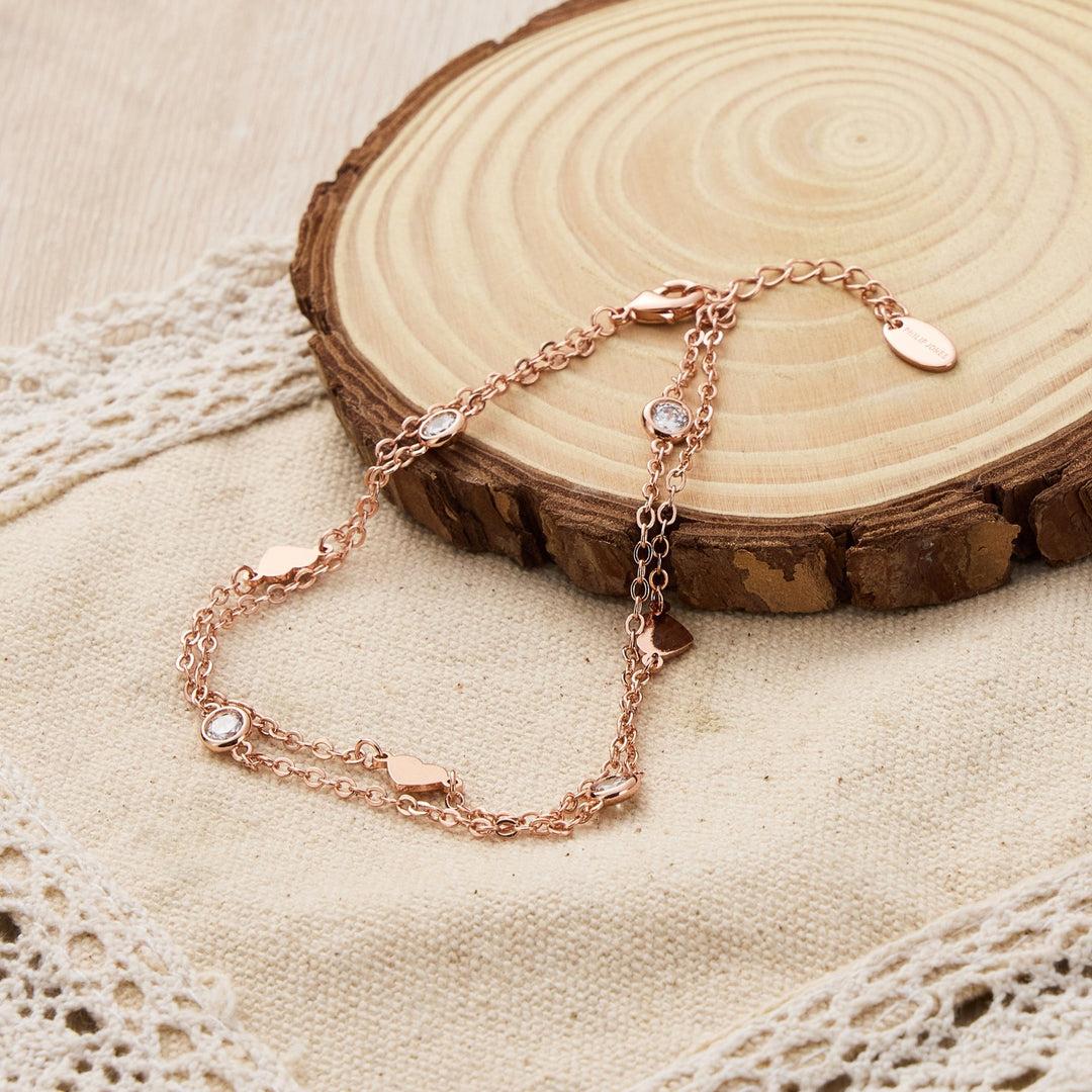 Rose Gold Plated Layered Heart Anklet Created with Zircondia® Crystals - Philip Jones Jewellery