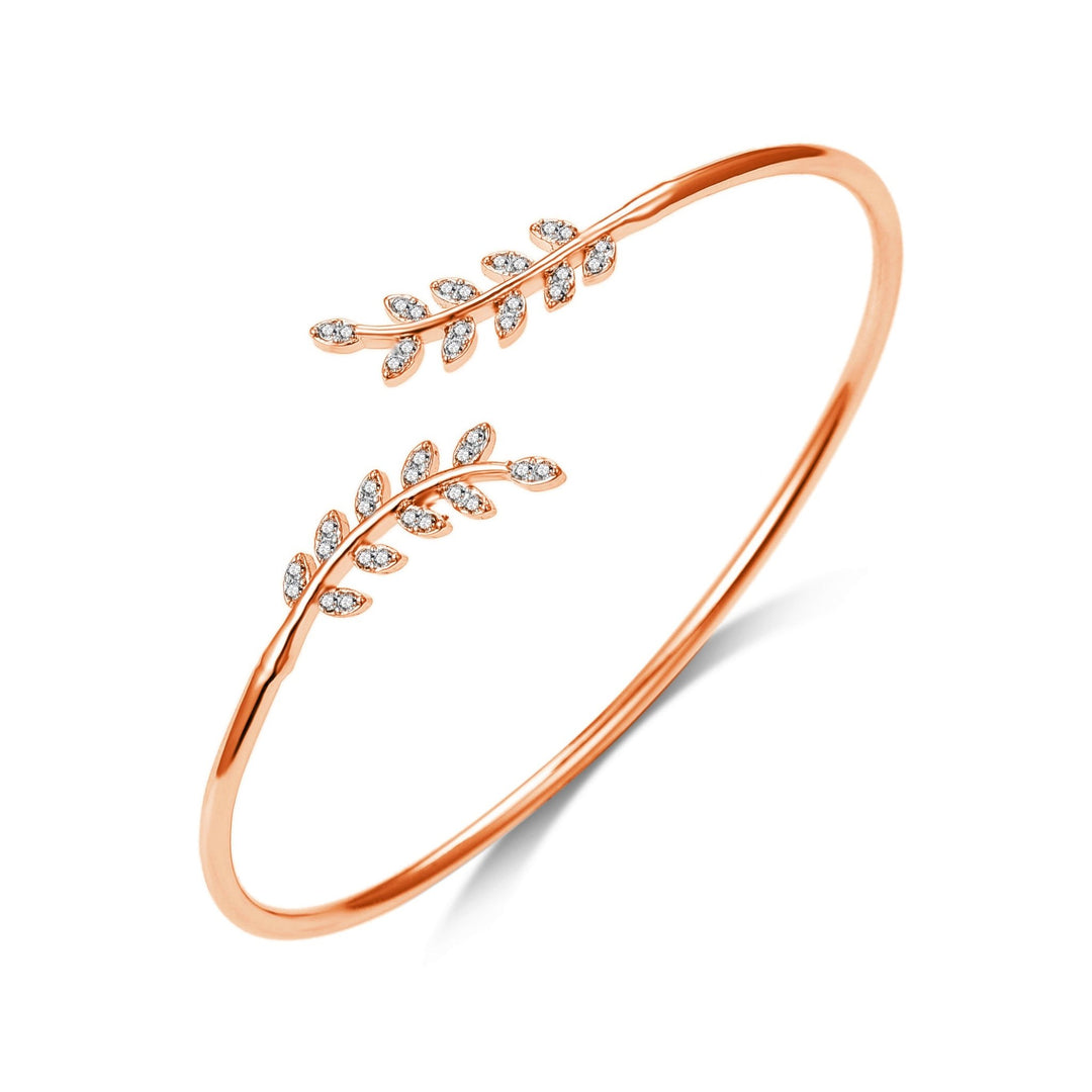 Rose Gold Plated Leaf Bangle Created with Zircondia® Crystals - Philip Jones Jewellery