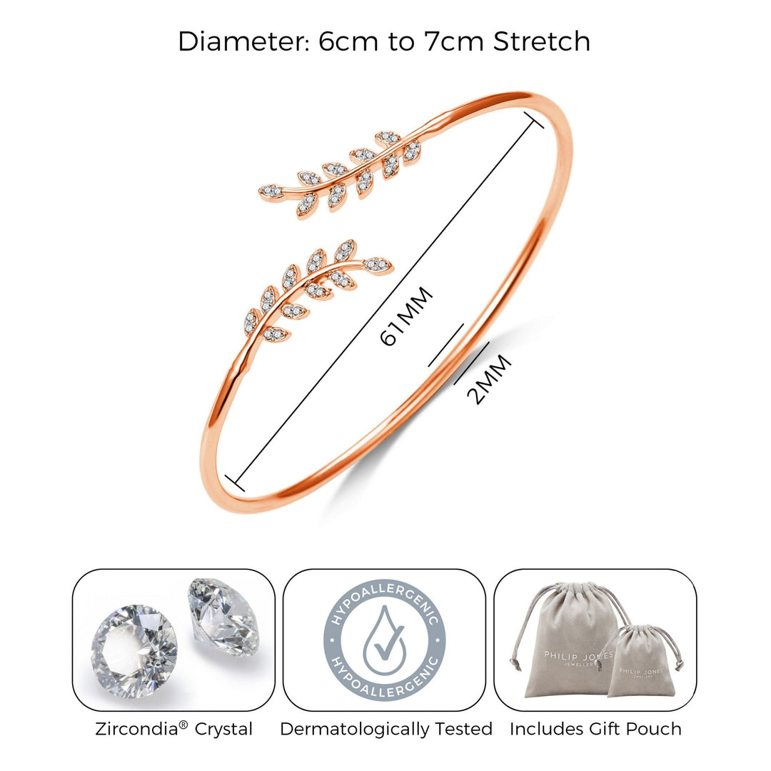 Rose Gold Plated Leaf Bangle Created with Zircondia® Crystals - Philip Jones Jewellery