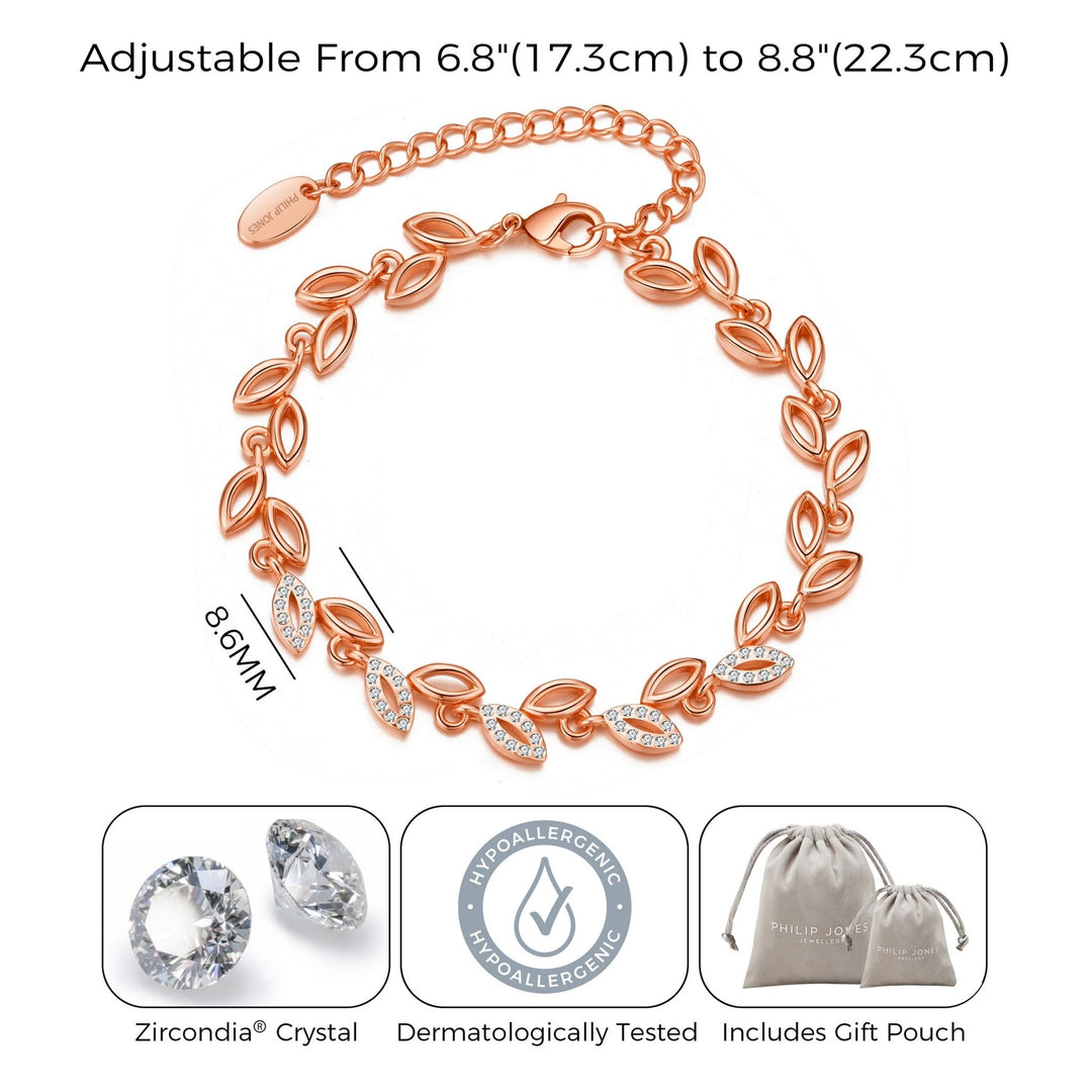 Rose Gold Plated Leaf Bracelet Created With Crystals From Zircondia® - Philip Jones Jewellery