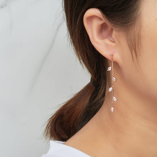 Rose Gold Plated Leaf Dangle Earrings Created with Zircondia® Crystals - Philip Jones Jewellery