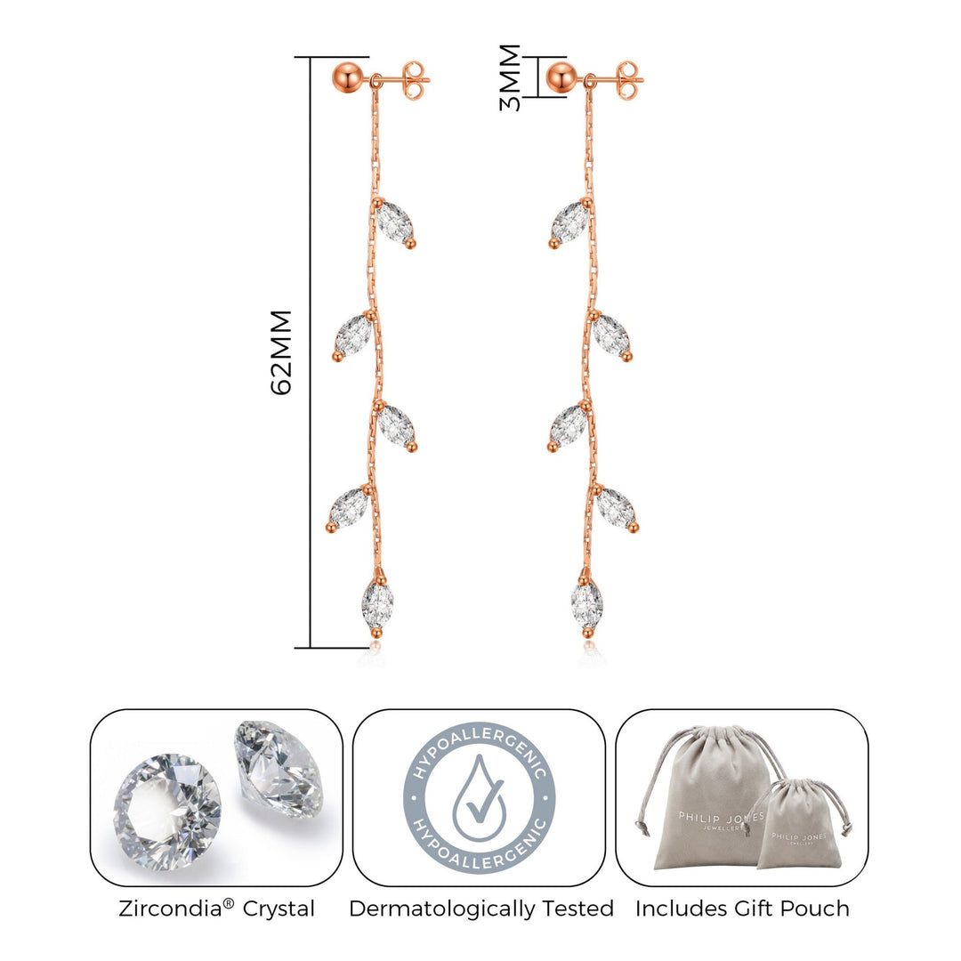 Rose Gold Plated Leaf Dangle Earrings Created with Zircondia® Crystals - Philip Jones Jewellery