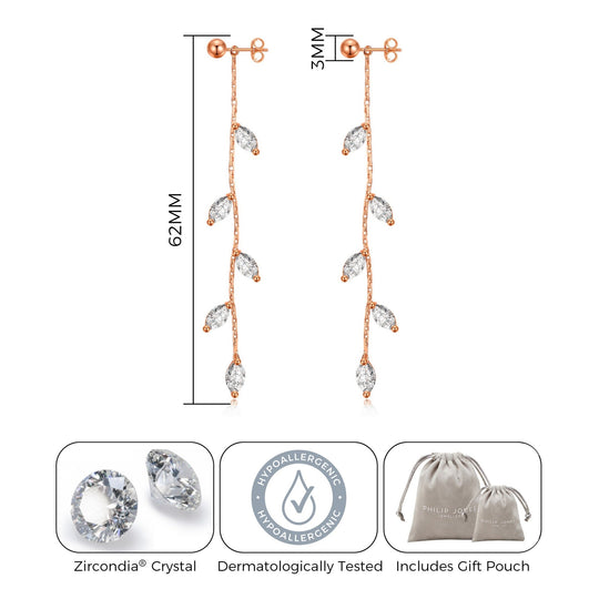 Rose Gold Plated Leaf Dangle Earrings Created with Zircondia® Crystals - Philip Jones Jewellery