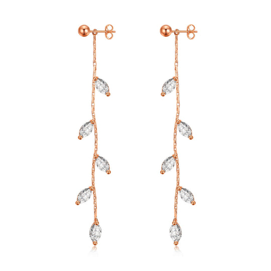 Rose Gold Plated Leaf Dangle Earrings Created with Zircondia® Crystals - Philip Jones Jewellery