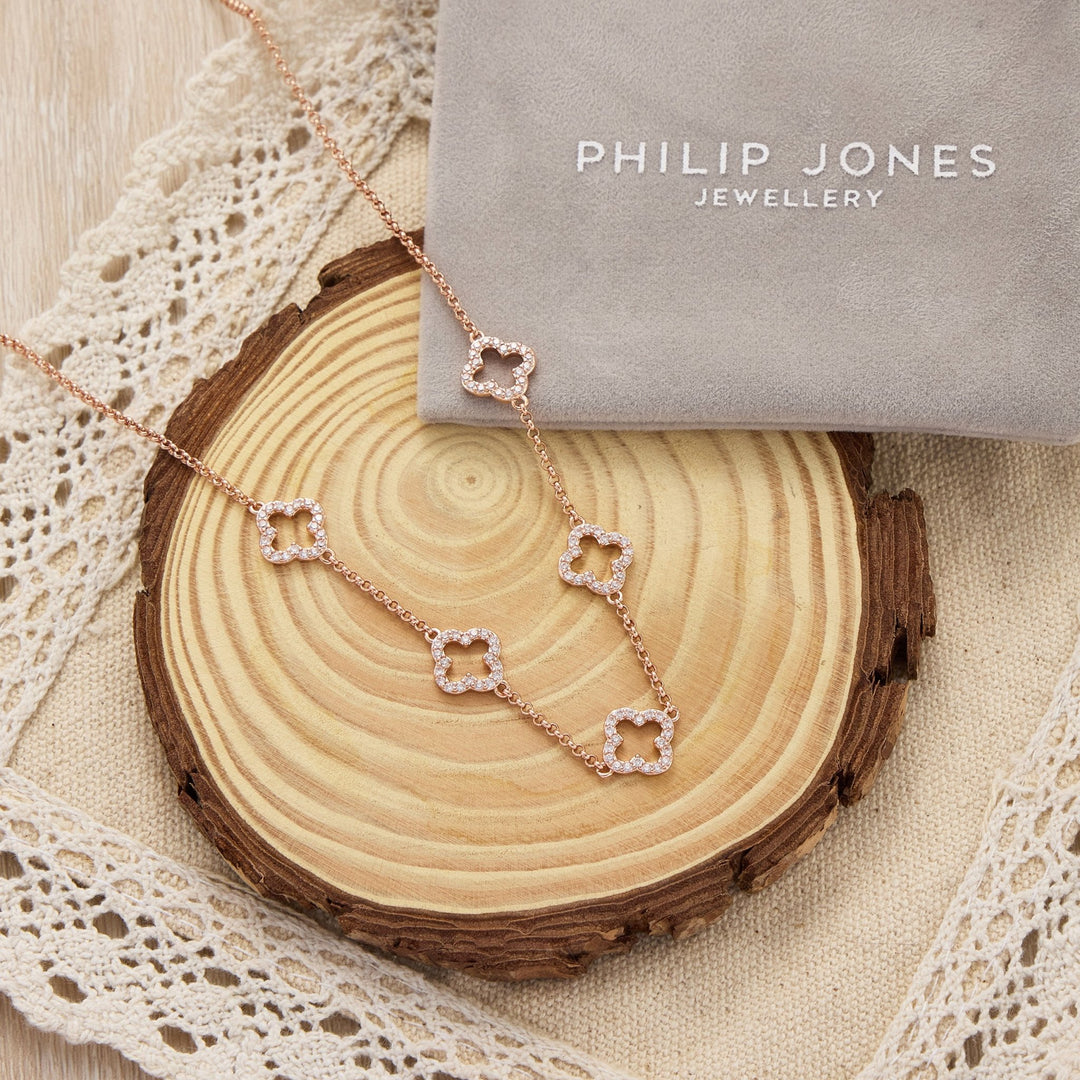 Rose Gold Plated Multi Clover Necklace Created with Zircondia® Crystals - Philip Jones Jewellery