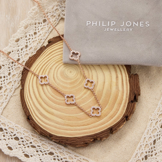 Rose Gold Plated Multi Clover Necklace Created with Zircondia® Crystals - Philip Jones Jewellery