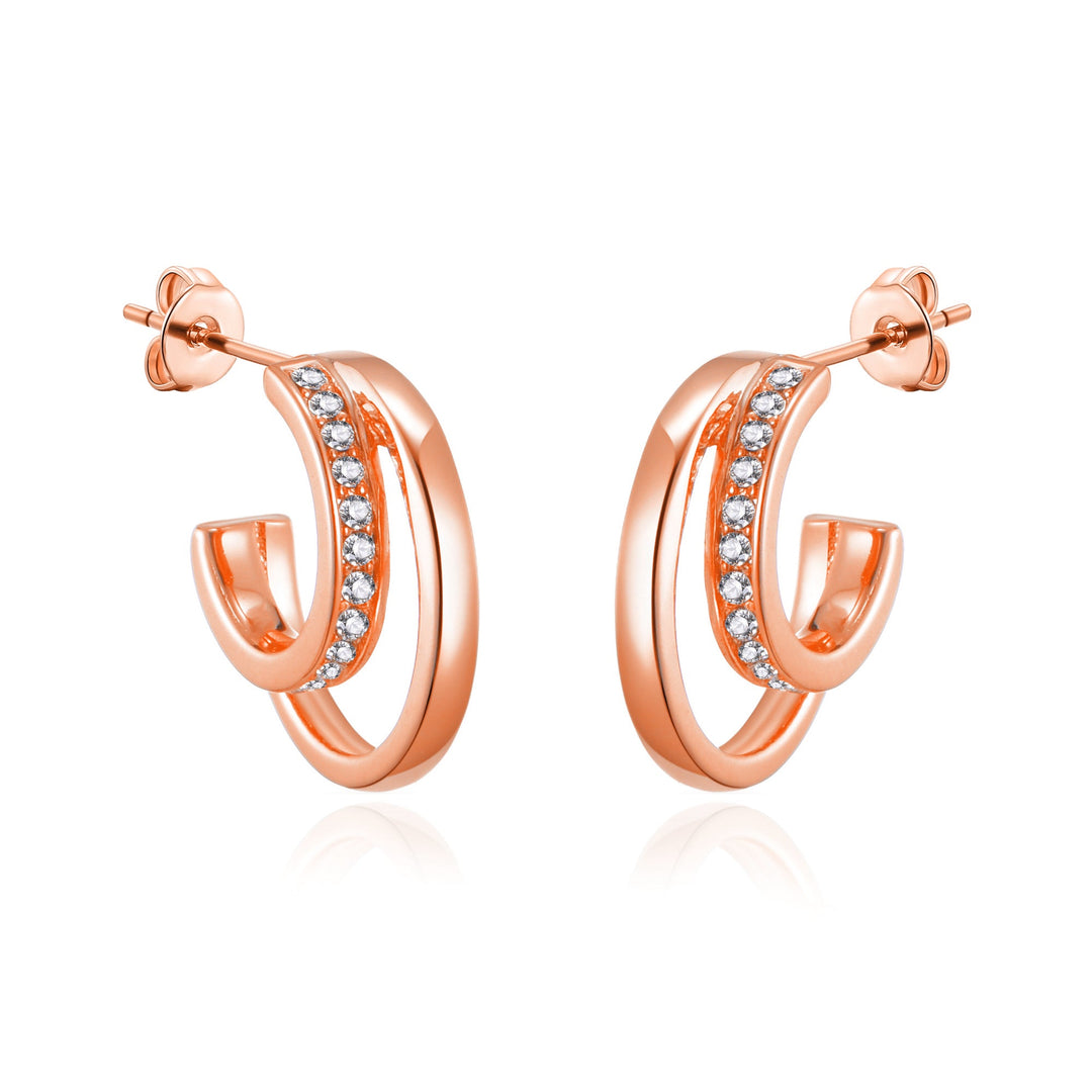 Rose Gold Plated Open Double Hoop Earrings Created With Zircondia® Crystals - Philip Jones Jewellery