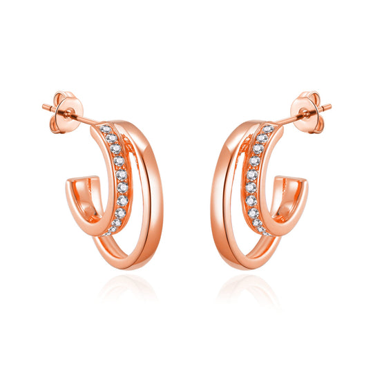 Rose Gold Plated Open Double Hoop Earrings Created With Zircondia® Crystals - Philip Jones Jewellery