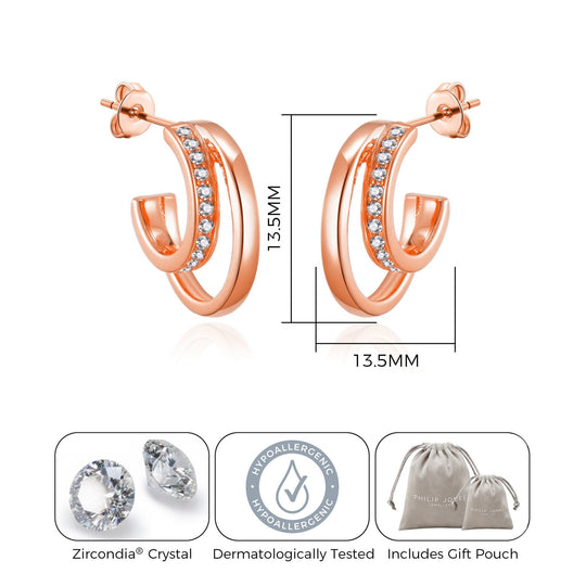 Rose Gold Plated Open Double Hoop Earrings Created With Zircondia® Crystals - Philip Jones Jewellery