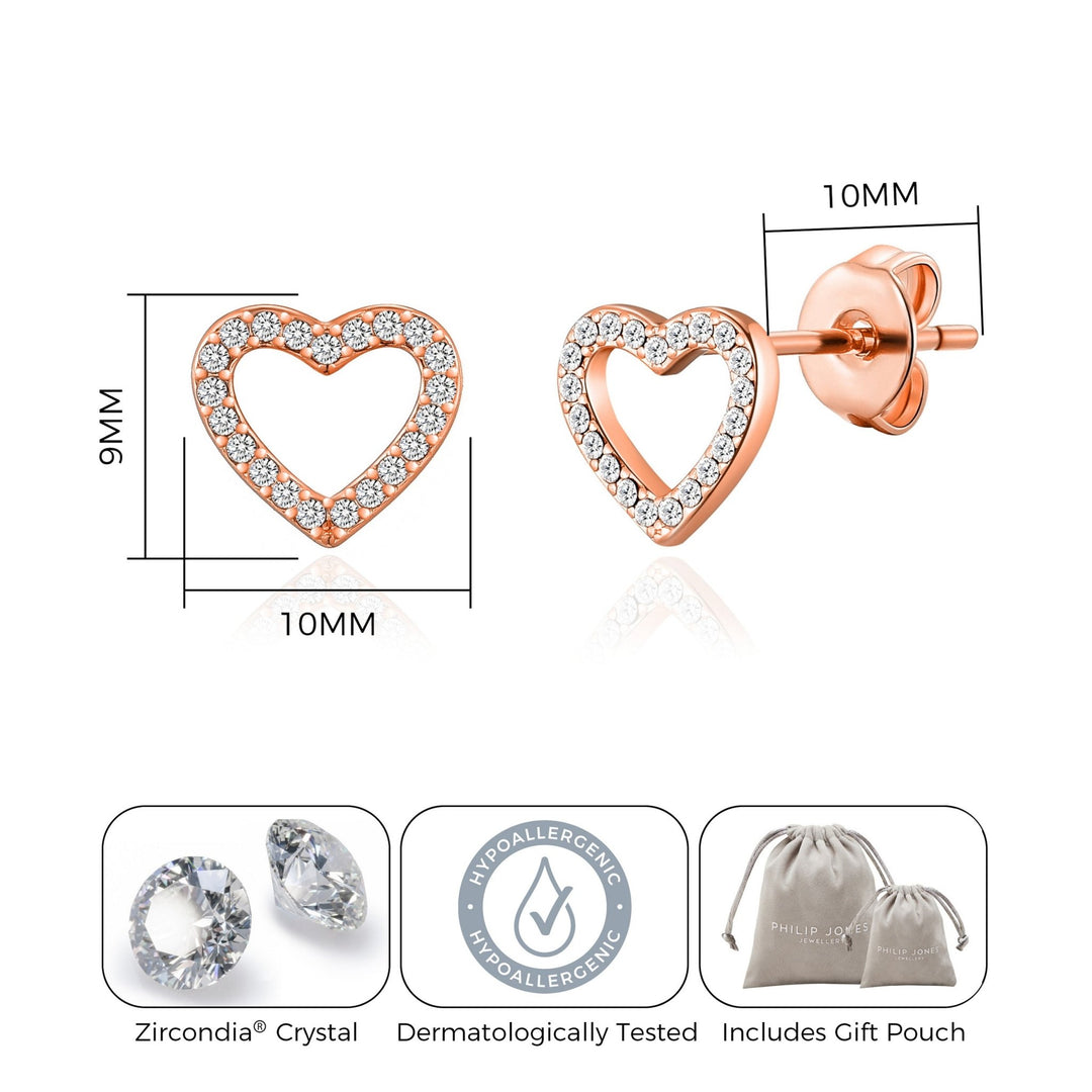 Rose Gold Plated Open Heart Earrings Created with Zircondia® Crystals - Philip Jones Jewellery