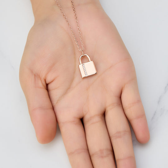 Rose Gold Plated Padlock Necklace Created with Zircondia® Crystals - Philip Jones Jewellery