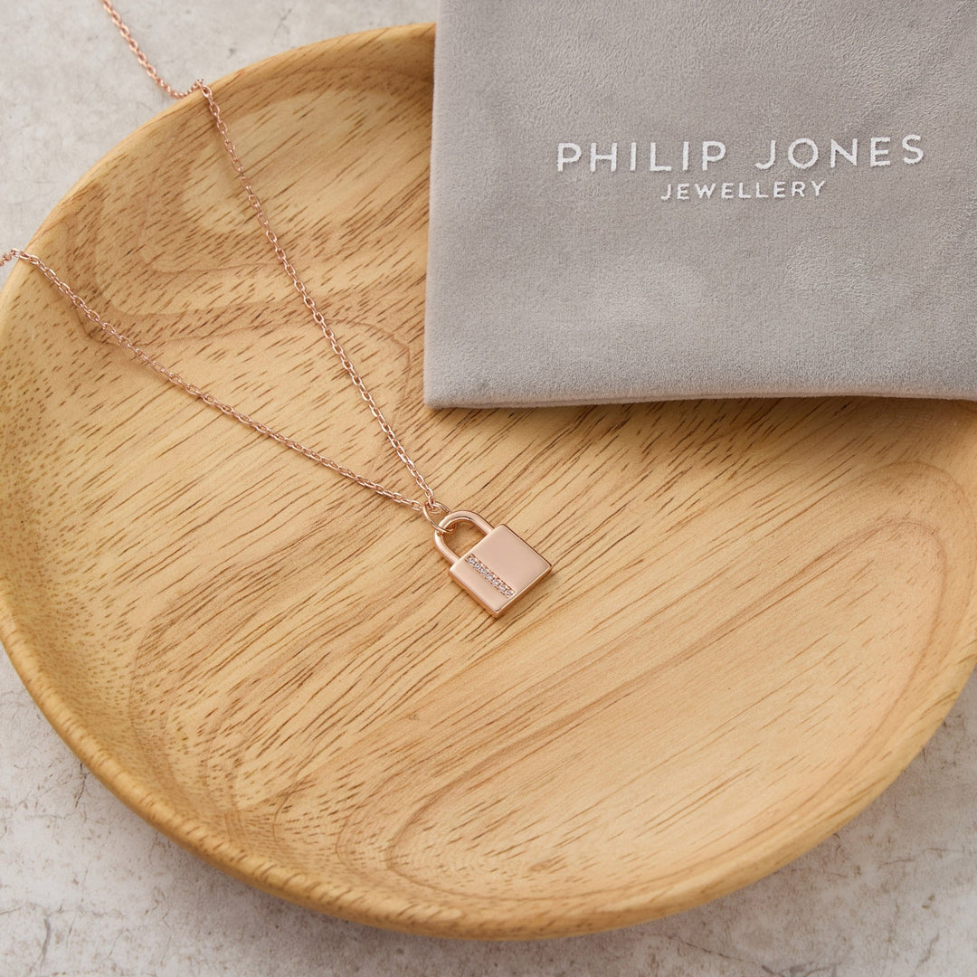 Rose Gold Plated Padlock Necklace Created with Zircondia® Crystals - Philip Jones Jewellery