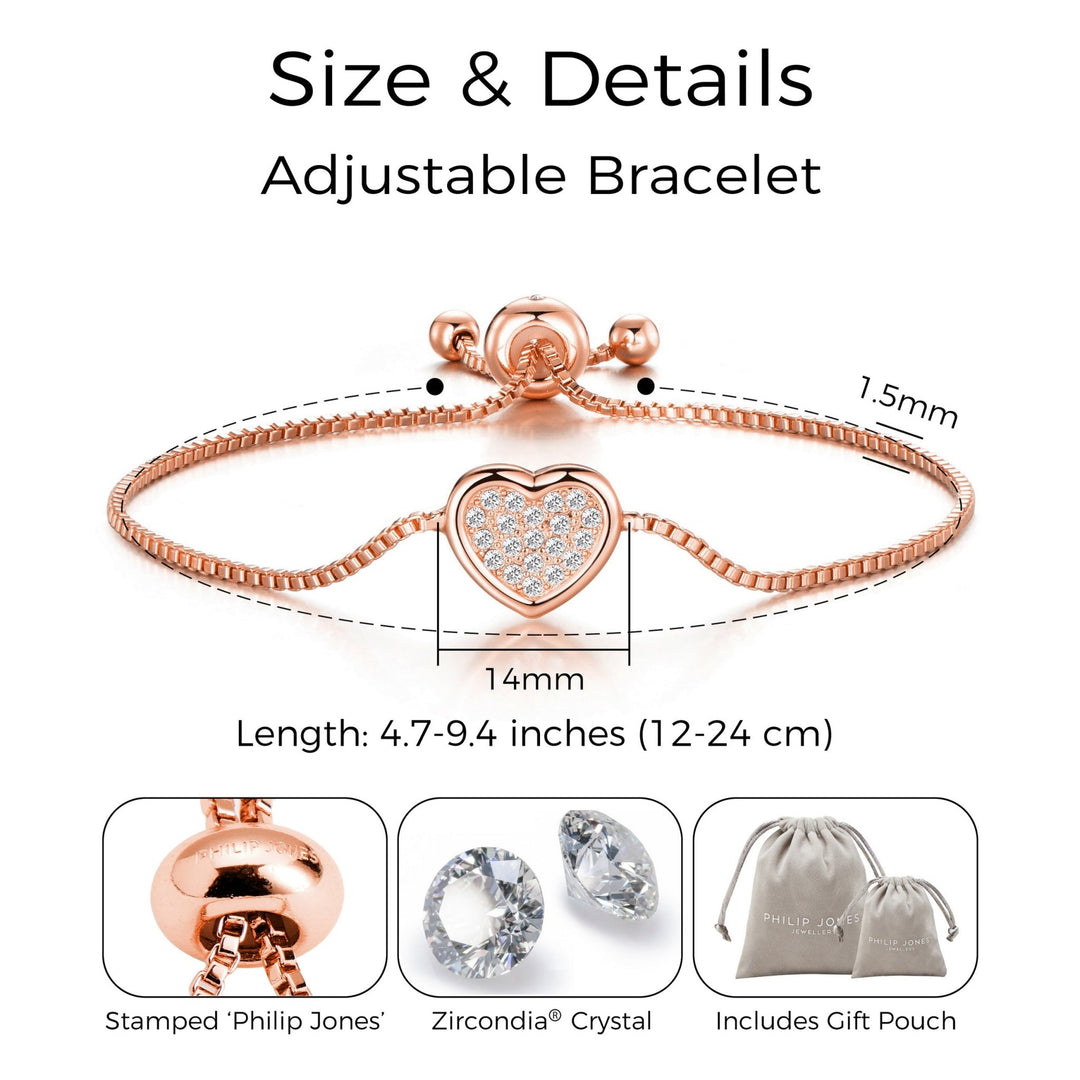 Rose Gold Plated Pave Heart Friendship Bracelet Created with Zircondia® Crystals - Philip Jones Jewellery