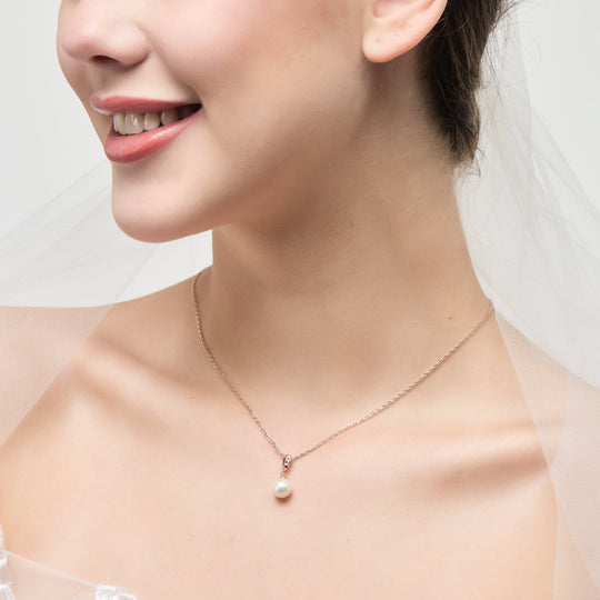 Rose Gold Plated Pearl Drop Bridal Necklace Created with Zircondia® Crystals - Philip Jones Jewellery