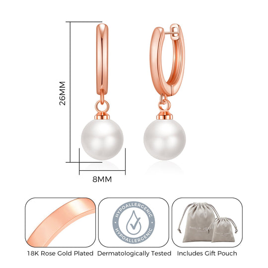 Rose Gold Plated Pearl Drop Hoop Earrings - Philip Jones Jewellery
