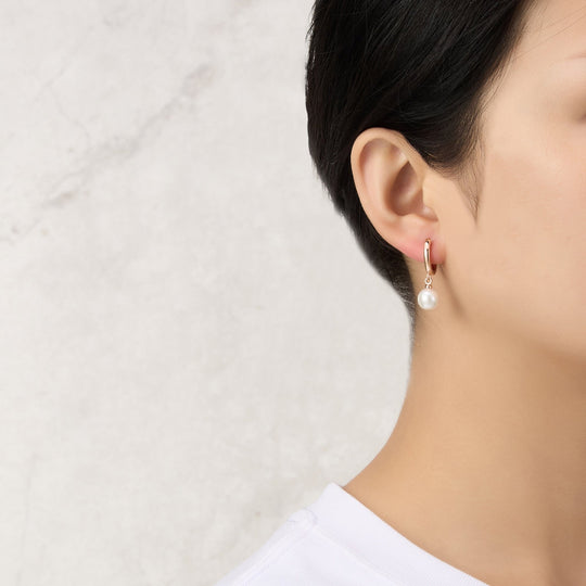 Rose Gold Plated Pearl Drop Hoop Earrings - Philip Jones Jewellery