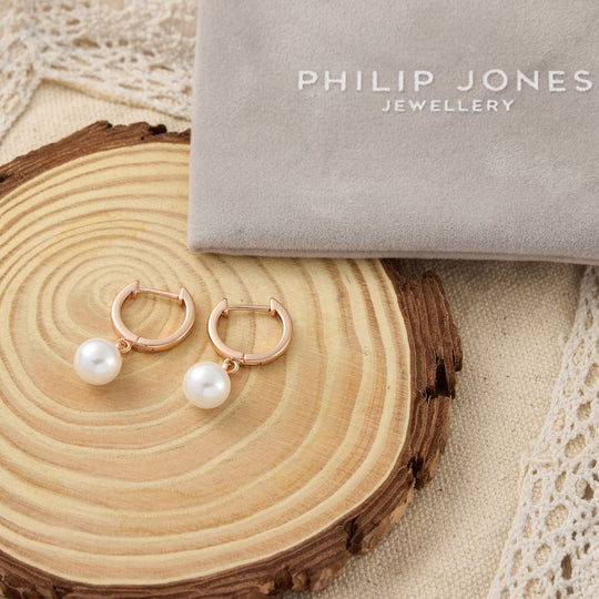 Rose Gold Plated Pearl Drop Hoop Earrings - Philip Jones Jewellery