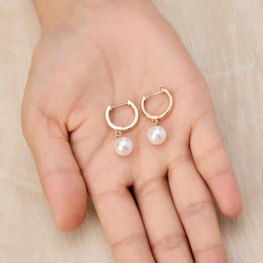 Rose Gold Plated Pearl Drop Hoop Earrings - Philip Jones Jewellery