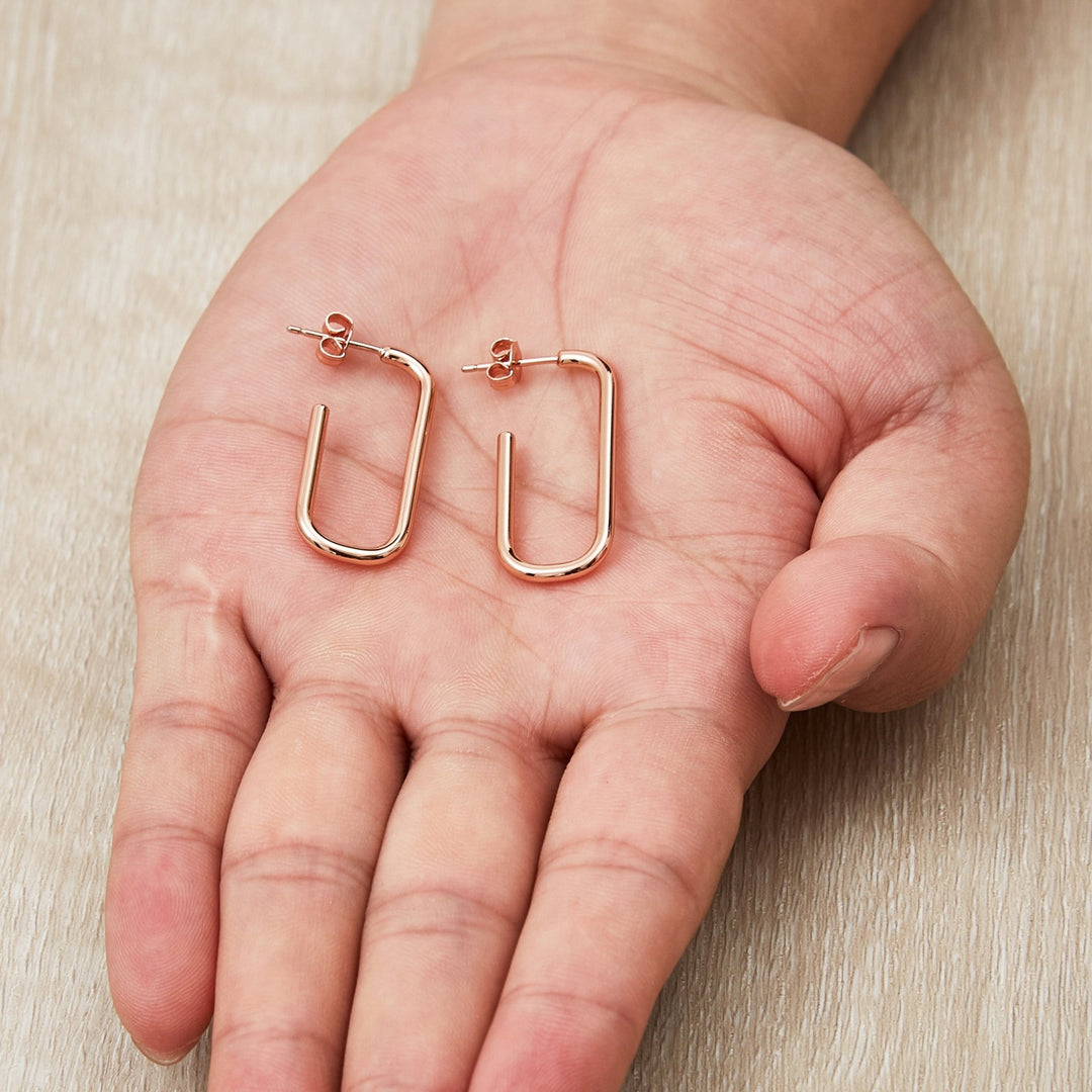 Rose Gold Plated Rectangle Hoop Earrings - Philip Jones Jewellery