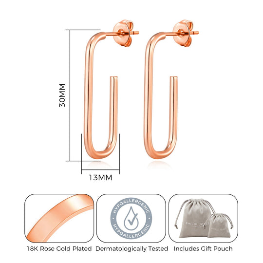 Rose Gold Plated Rectangle Hoop Earrings - Philip Jones Jewellery