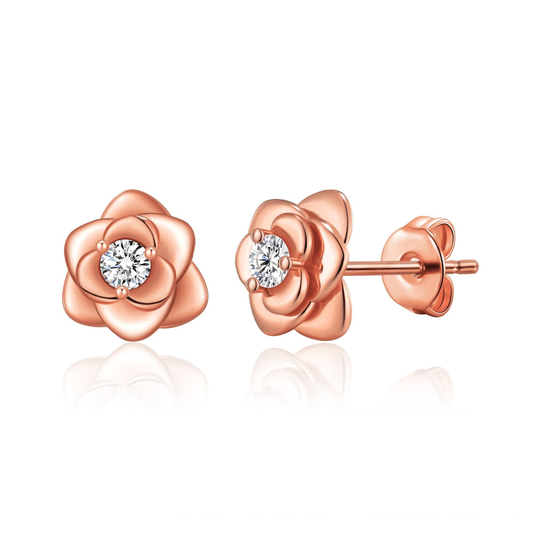 Rose Gold Plated Rose Earrings Created with Zircondia® Crystals - Philip Jones Jewellery