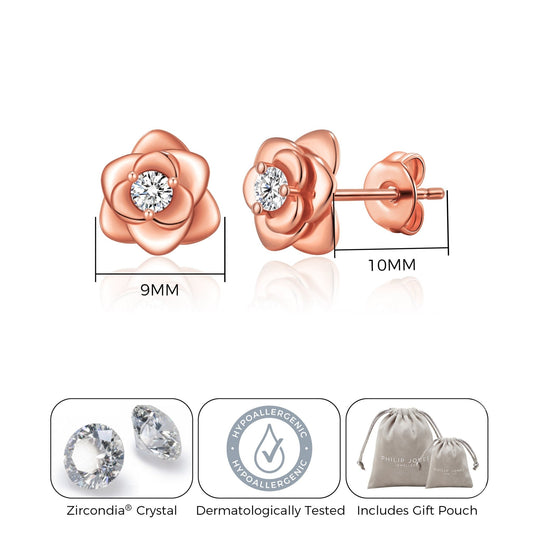 Rose Gold Plated Rose Earrings Created with Zircondia® Crystals - Philip Jones Jewellery