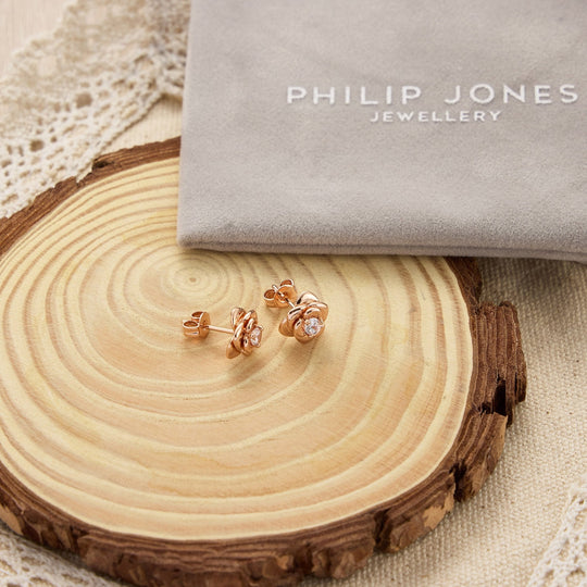 Rose Gold Plated Rose Earrings Created with Zircondia® Crystals - Philip Jones Jewellery
