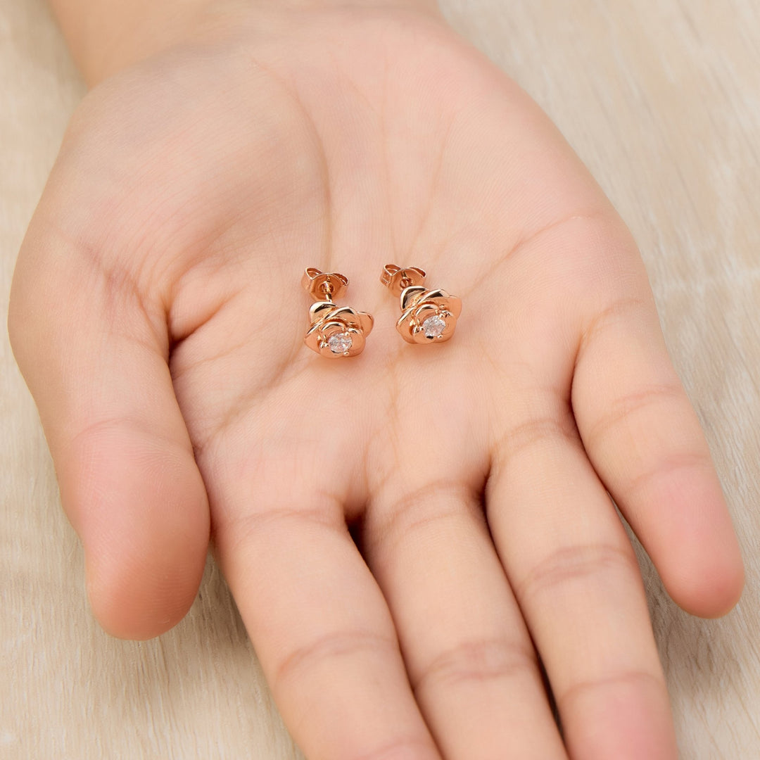 Rose Gold Plated Rose Earrings Created with Zircondia® Crystals - Philip Jones Jewellery