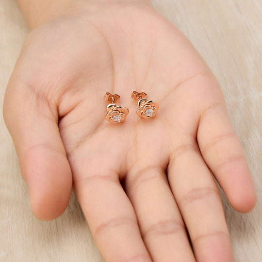 Rose Gold Plated Rose Earrings Created with Zircondia® Crystals - Philip Jones Jewellery