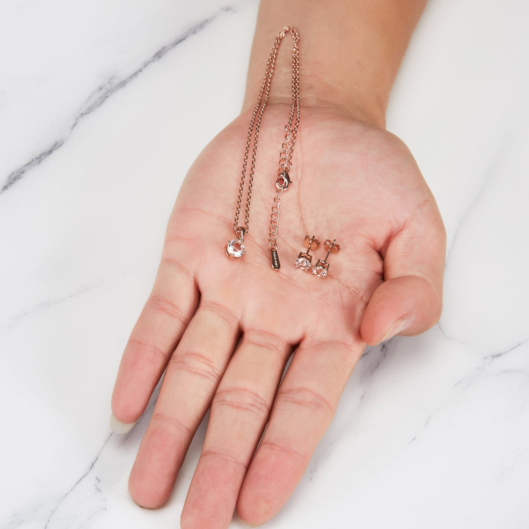 Rose Gold Plated Round Solitaire Set Created with Zircondia® Crystals - Philip Jones Jewellery