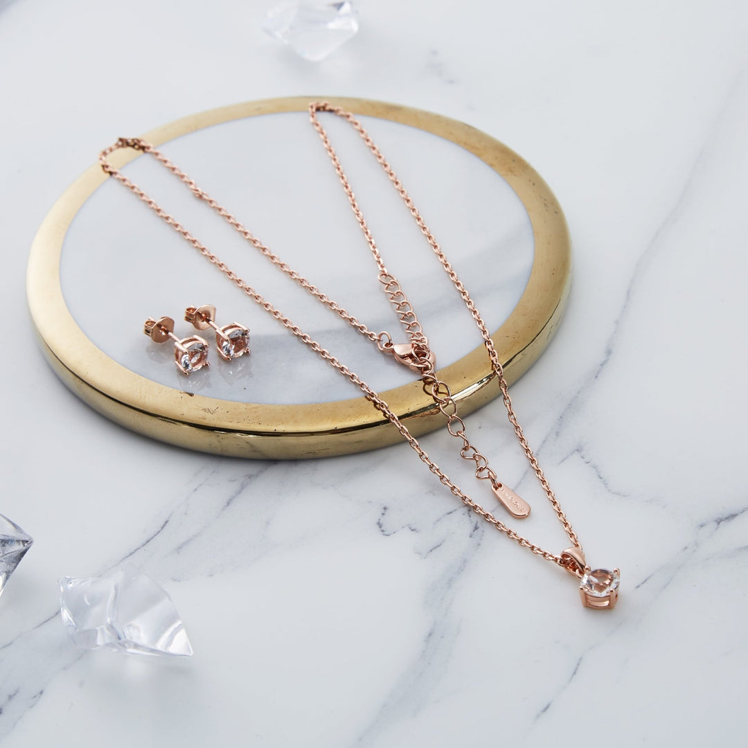 Rose Gold Plated Round Solitaire Set Created with Zircondia® Crystals - Philip Jones Jewellery