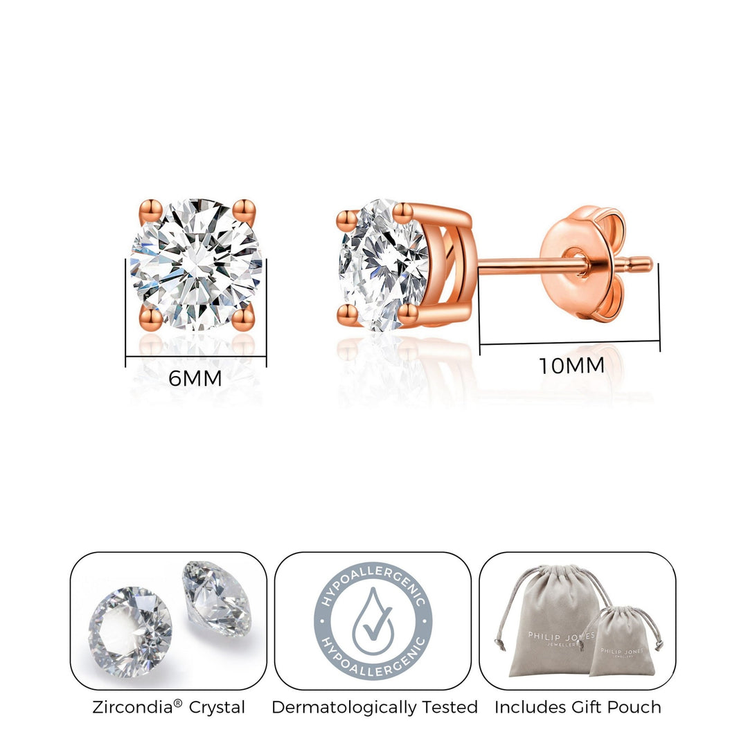 Rose Gold Plated Solitaire Crystal Stud Earrings Created with Zircondia® Crystals - Philip Jones Jewellery