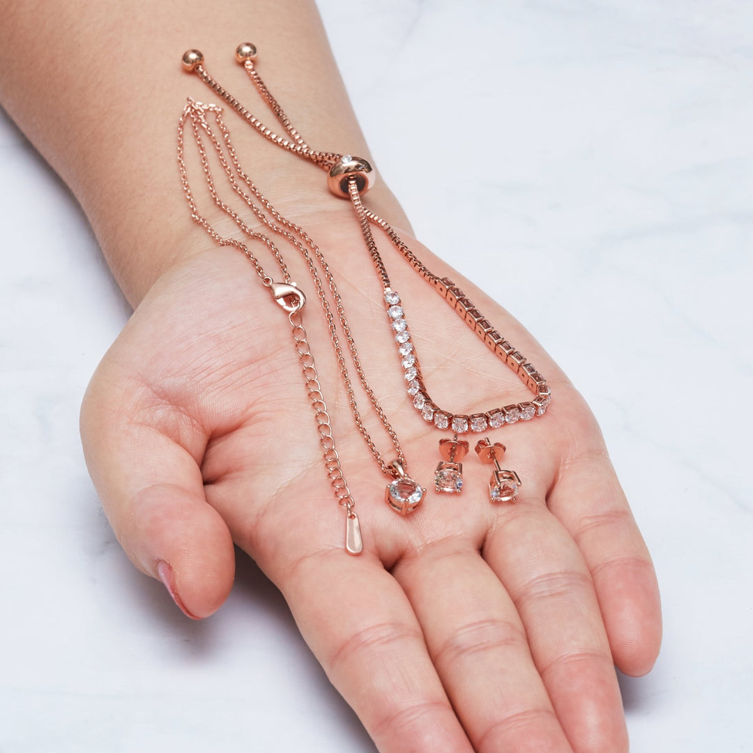Rose Gold Plated Solitaire Friendship Set Created with Zircondia® Crystals - Philip Jones Jewellery