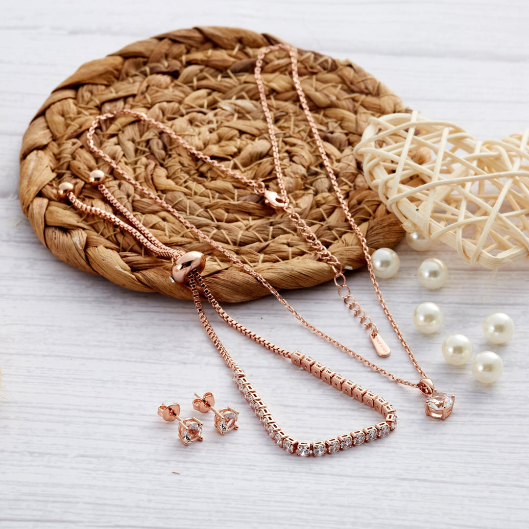 Rose Gold Plated Solitaire Friendship Set Created with Zircondia® Crystals - Philip Jones Jewellery