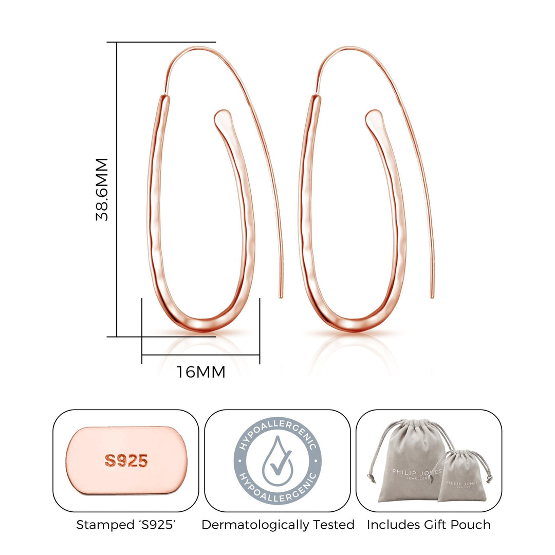 Rose Gold Plated Sterling Silver Hammered Hoop Earrings - Philip Jones Jewellery