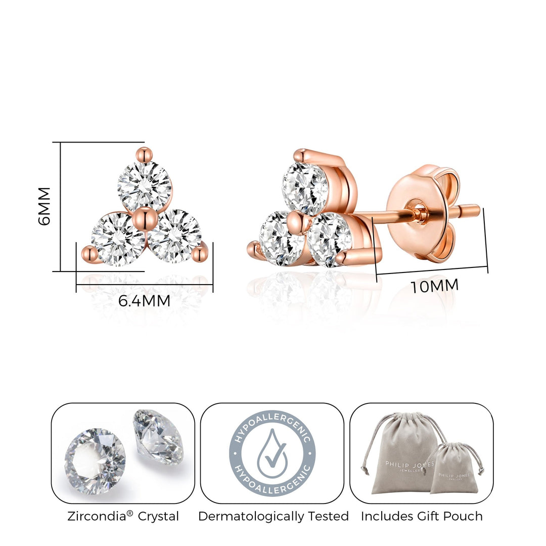 Rose Gold Plated Three Stone Earrings Created with Zircondia® Crystals - Philip Jones Jewellery