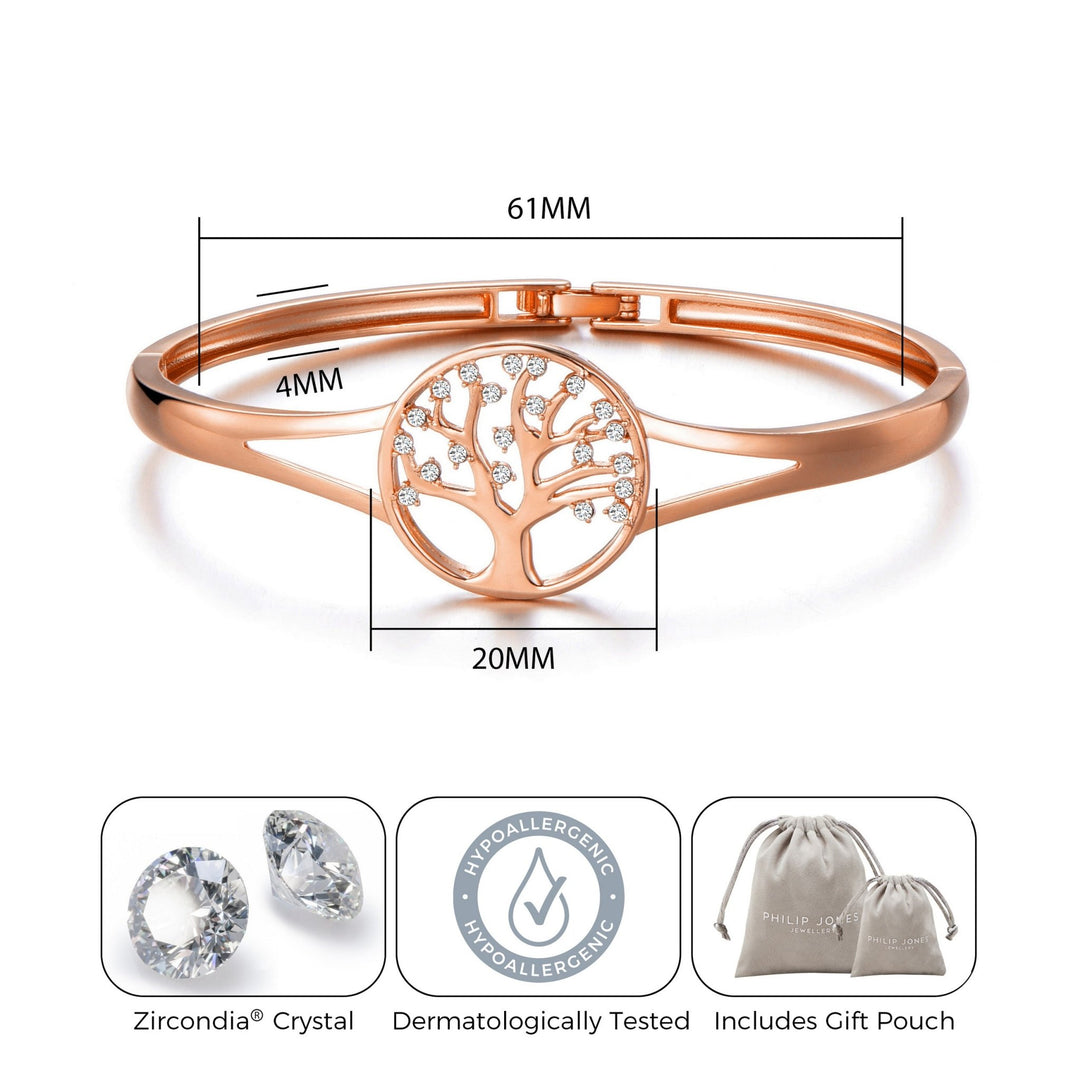 Rose Gold Plated Tree of Life Bangle Created with Zircondia® Crystals (7 Inch) - Philip Jones Jewellery