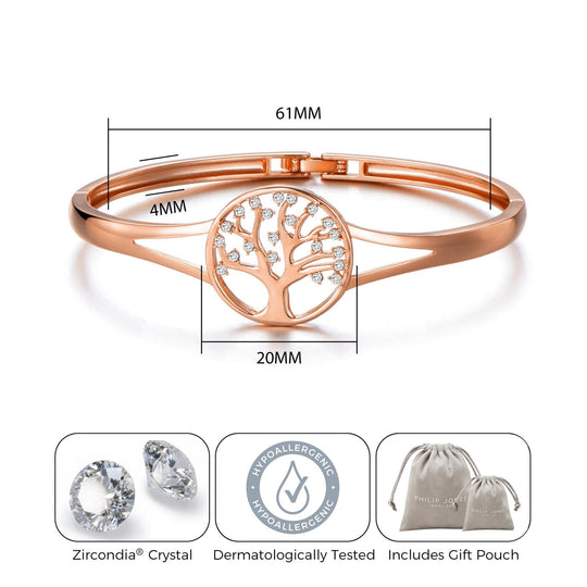 Rose Gold Plated Tree of Life Bangle Created with Zircondia® Crystals (7 Inch) - Philip Jones Jewellery